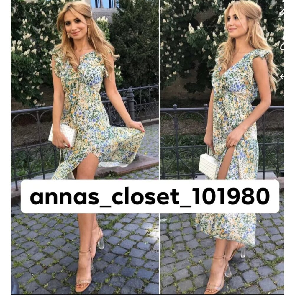 ZARA Floral Chiffon Midi Dress Green Yellow Ruffle Slit Size Small Romantic EUC - Picture 3 of 11